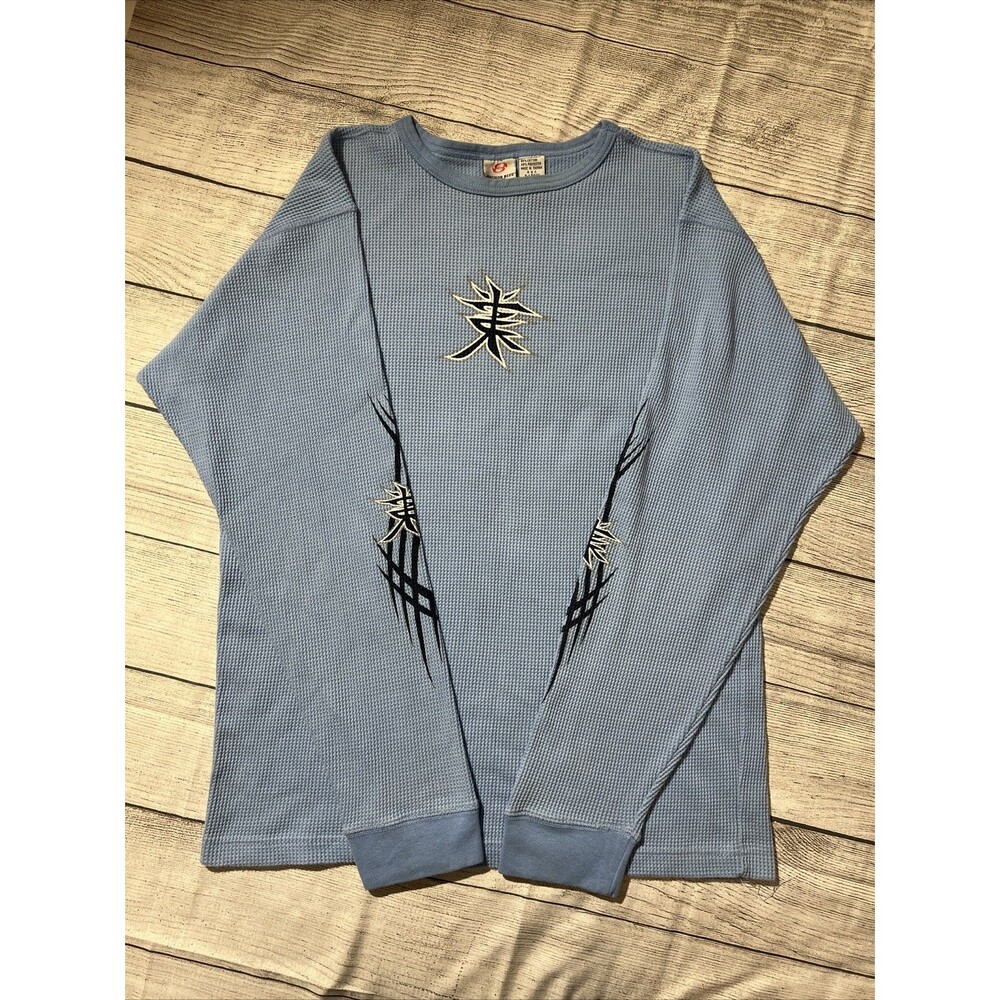 Y2K Anchor Blue Waffle Knit Long Sleeve Japanese Symbol Grunge Skater Sz XL
